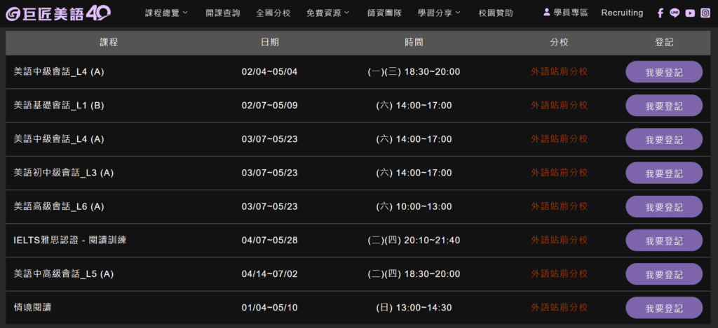 巨匠美語有相當大量的線下實體成人英文課程可以進修