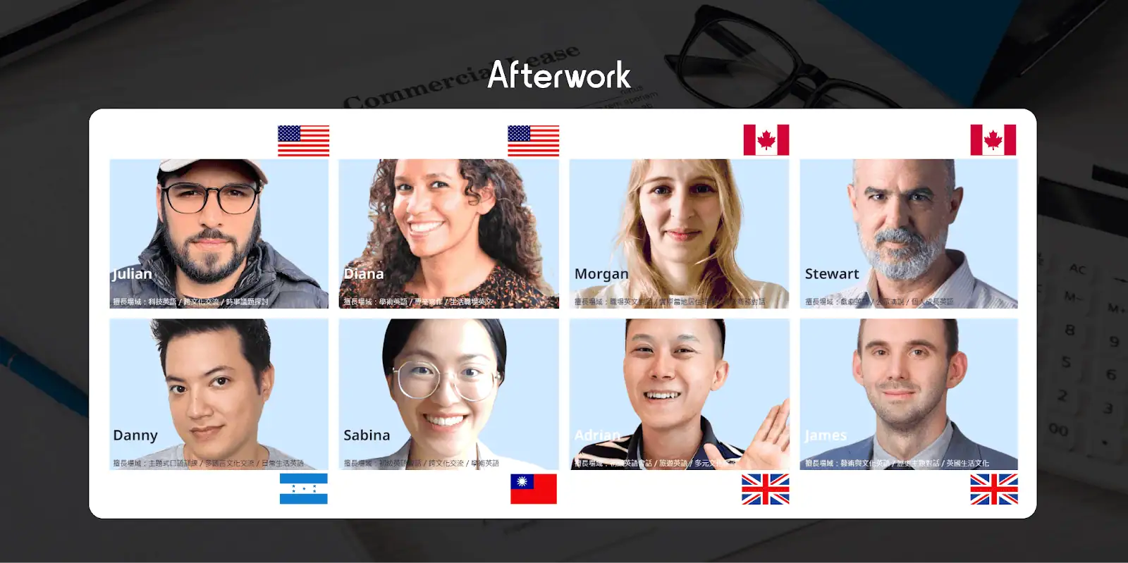  Afterwork 師資國籍分布。 （圖片來源：UI 截圖自  Afterwork官網，圖為作者自製）